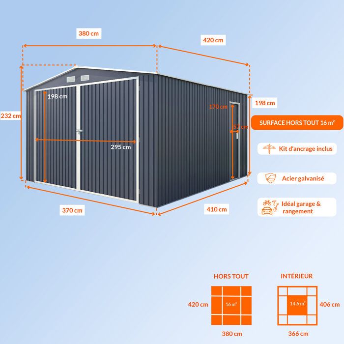 Abri de jardin / Garage en métal 16 m˛ - 380 x 420 x 232 - COMET - Kit d'ancrage, 2 portes coulissantes , 1 porte latérale Gris