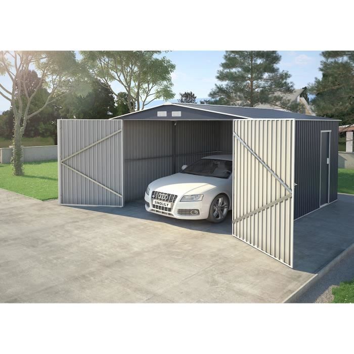 Abri de jardin / Garage en métal 16 m² - 380 x 420 x 232 - COMET - Kit d'ancrage, 2 portes coulissantes , 1 porte latérale Gris