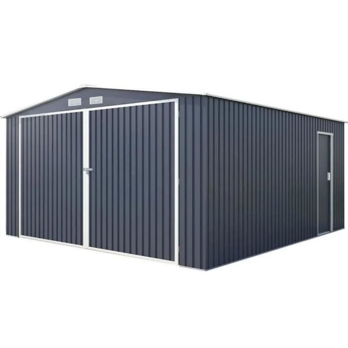Abri de jardin / Garage en métal 16 m² - 380 x 420 x 232 - COMET - Kit d'ancrage, 2 portes coulissantes , 1 porte latérale Gris