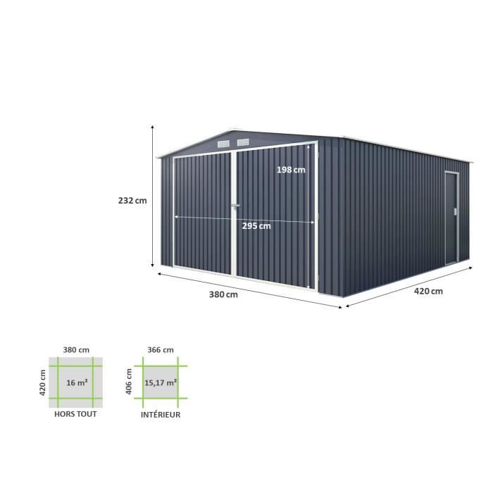 Abri de jardin / Garage en métal 16 m² - 380 x 420 x 232 - COMET - Kit d'ancrage, 2 portes coulissantes , 1 porte latérale Gris