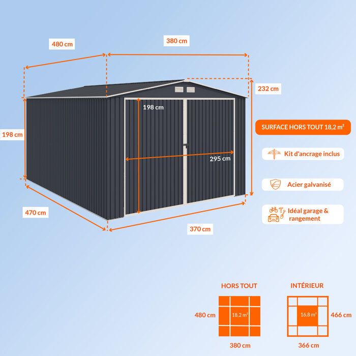 Abri de jardin / Garage en métal 18,2 m˛ - 380 x 480 x 232 - ORION Kit d'ancrage, 2 portes coulissantes frontale, 1 porte latérale