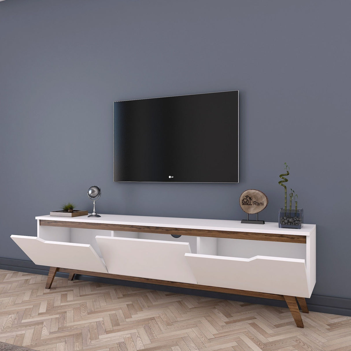 Meuble TV - D1 - Blanc / Noyer - 180 x 49 x 35 cm