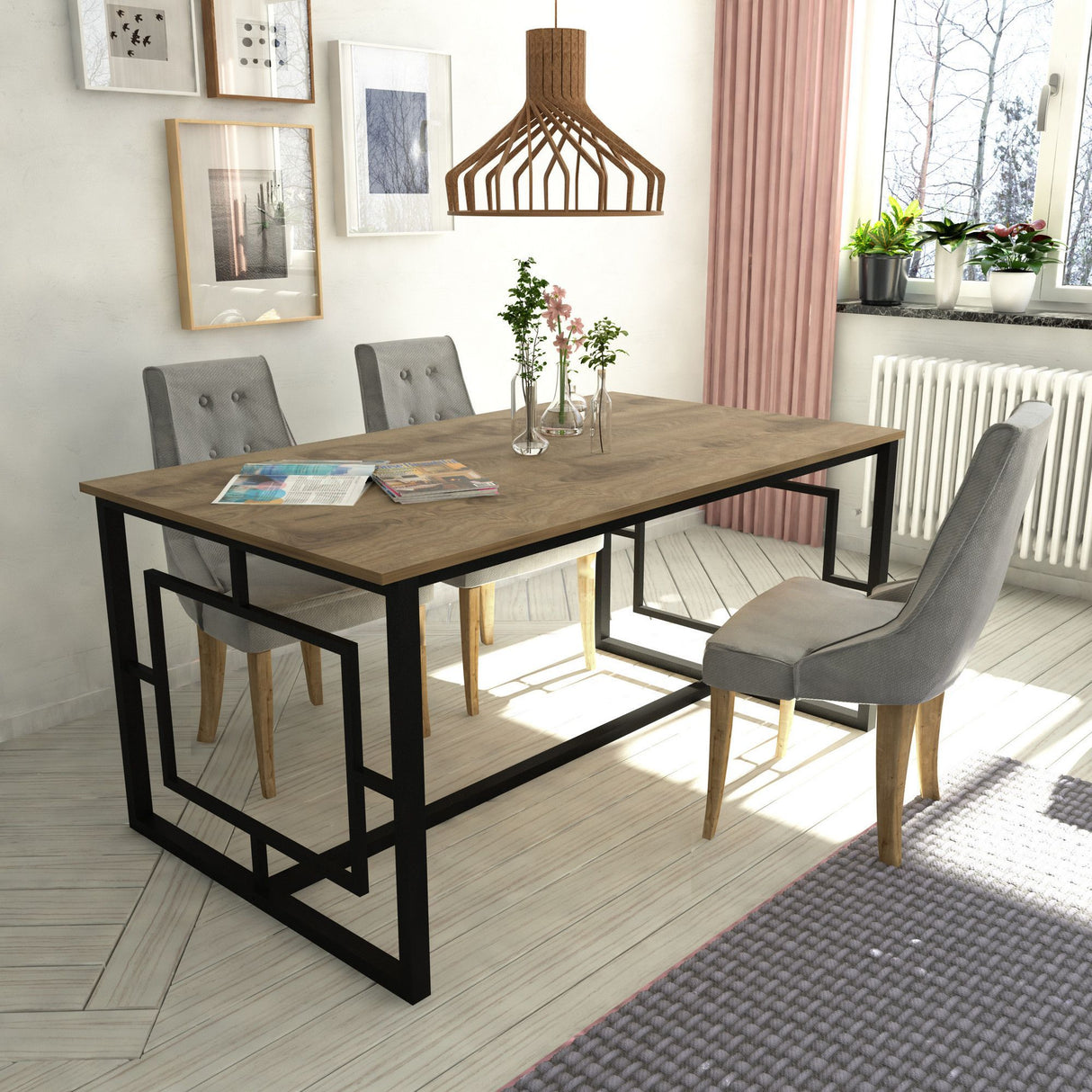 Table a manger - ALIN - Rectangulaire - 4 personnes - 160 x 76 x 90 cm - Noyer / Noir