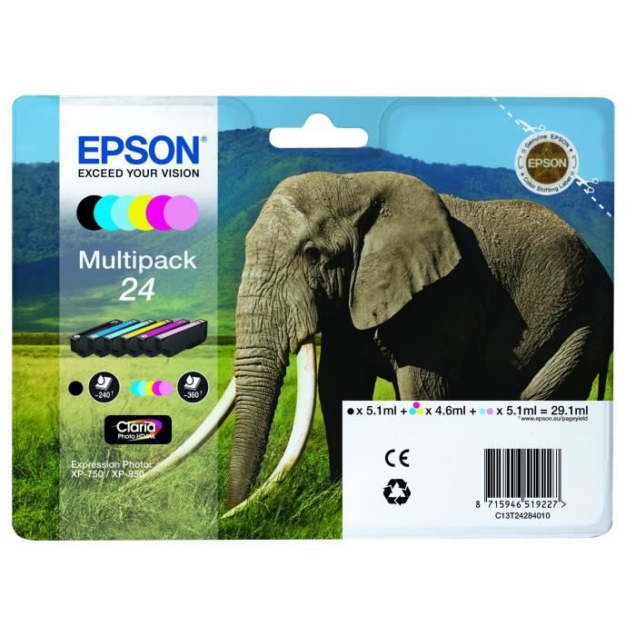 EPSON Multipack 24 - ElÈphant - Noir, jaune, cyan, magenta, magenta clair, cyan clair (C13T24284011)