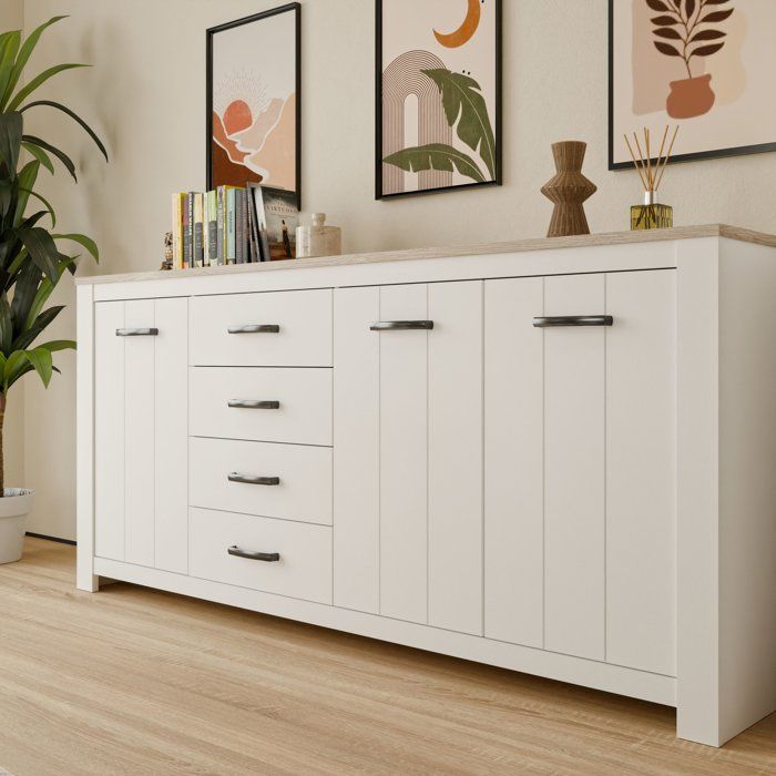 Enfilade - ELARA - Chene / Blanc mat - 3 portes - 4 tiroirs - 206 x 42,2 x 95,7 cm