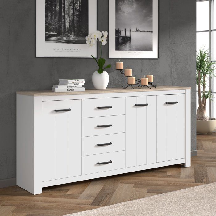 Enfilade - ELARA - Chene / Blanc mat - 3 portes - 4 tiroirs - 206 x 42,2 x 95,7 cm