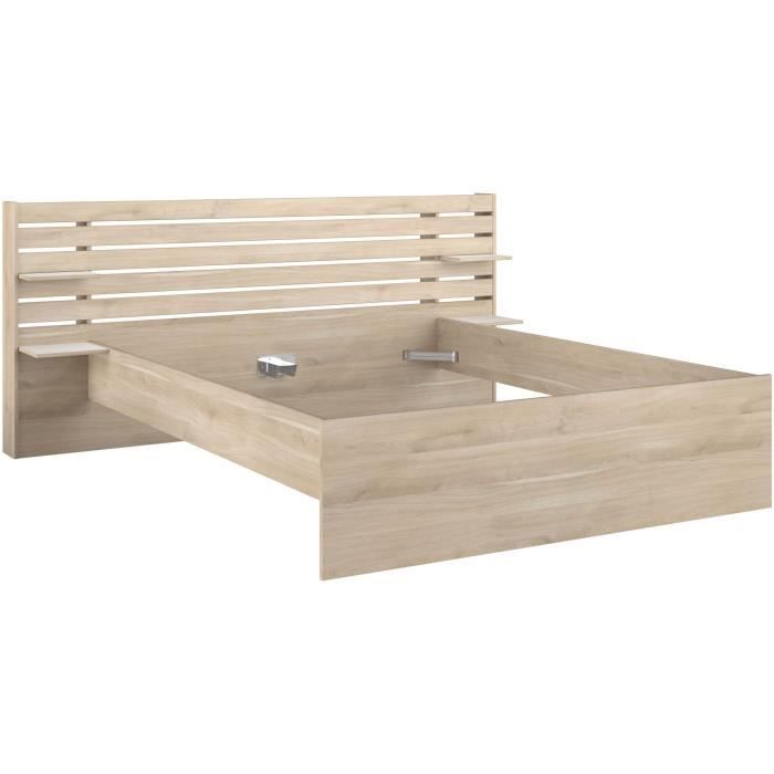 Lit adulte ESCALE 160x200 cm - Décor chene du Japon - 2 tiroirs + Tete de lit - L222,8 x H98,2 x P216,8 cm - Fabriqué en France