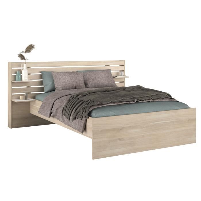 ESCALE Lit adulte 140x190 / 200 cm - Tete de lit + 2 tiroirs - Décor chene du Japon - PARISOT