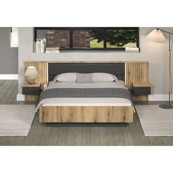 Lit avec chevets et éclairage indirect - ESTEBAN - 180 x 200 cm - Chene blond / Anthracite - TRENDTEAM