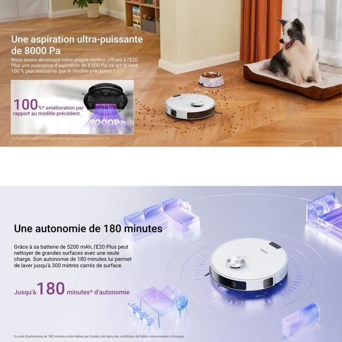 EUREKA E20 Plus - Aspirateur Robot avec Station de Vidange Automatique - 8000 Pa - Anti Enchevetrement - Évitement d'Obstacles 3D