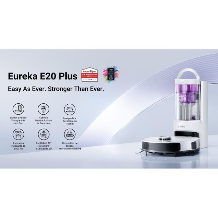 EUREKA E20 Plus - Aspirateur Robot avec Station de Vidange Automatique - 8000 Pa - Anti Enchevetrement - Évitement d'Obstacles 3D