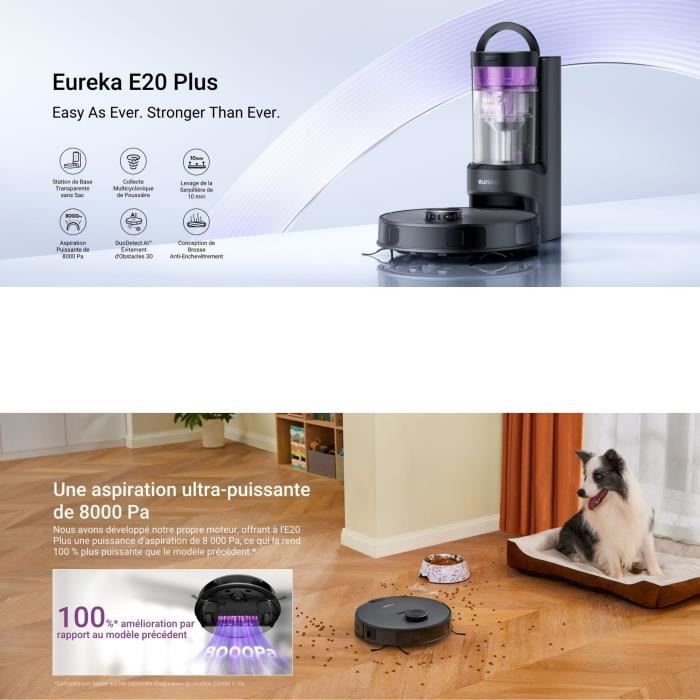 EUREKA E20 Plus - Aspirateur Robot avec Station de Vidange Automatique - 8000 Pa - Anti Enchevetrement - Évitement d'Obstacles 3D