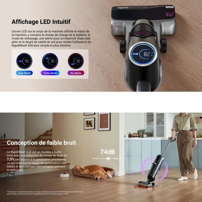 EUREKA RapidWash NEW630 - Aspirateur Laveur sans Fil Sec et Humide - Inclinaison a 170° - Séchage Air Chaud 60? -Anti Enchevetrement