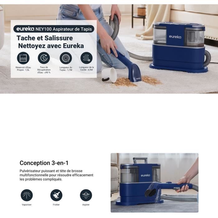 EUREKA NEY100 - Nettoyeur Canapé Tissu - 12500Pa - Aspirateur Nettoyeur de canapé, Tapis, Voiture - Réservoir d'Eau 1.5 L