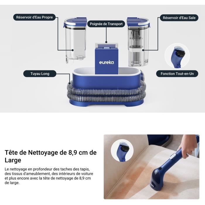 EUREKA NEY100 - Nettoyeur Canapé Tissu - 12500Pa - Aspirateur Nettoyeur de canapé, Tapis, Voiture - Réservoir d'Eau 1.5 L