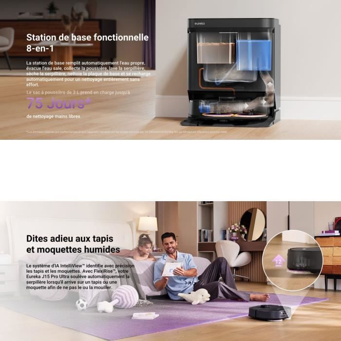EUREKA J15 Pro Ultra - Robot Aspirateur Laveur avec Base Autonettoyante - 16200 Pa - Brosse Anti Enchevetrement