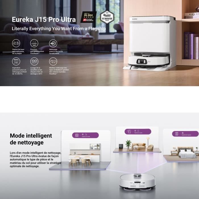 EUREKA J15 Pro Ultra - Robot Aspirateur Laveur - 16 200 Pa - Eau chaude 75 °C - Moppe extensible FlexiMop