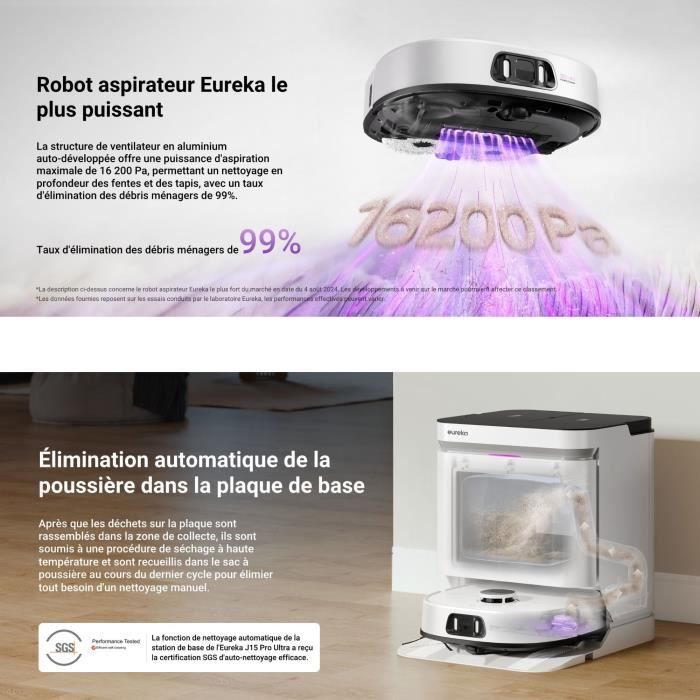 EUREKA J15 Pro Ultra - Robot Aspirateur Laveur - 16 200 Pa - Eau chaude 75 °C - Moppe extensible FlexiMop