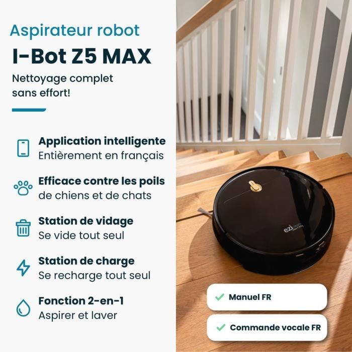 Robot Aspirateur Laveur Connecté EZICLEAN I-Bot Z5 - 75 min - 2.6Kpa - 60-90m² - Sols durs - 0.25L