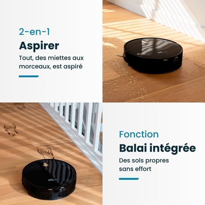 Robot Aspirateur Laveur Connecté EZICLEAN I-Bot Z5 - 75 min - 2.6Kpa - 60-90m² - Sols durs - 0.25L