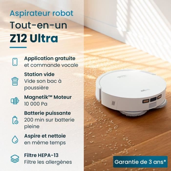 EZICLEAN All In One Z12 Ultra - Robot aspirateur laveur connectÈ avec base de vidage - 270 min - 14,4 V - 1,8 L - Blanc