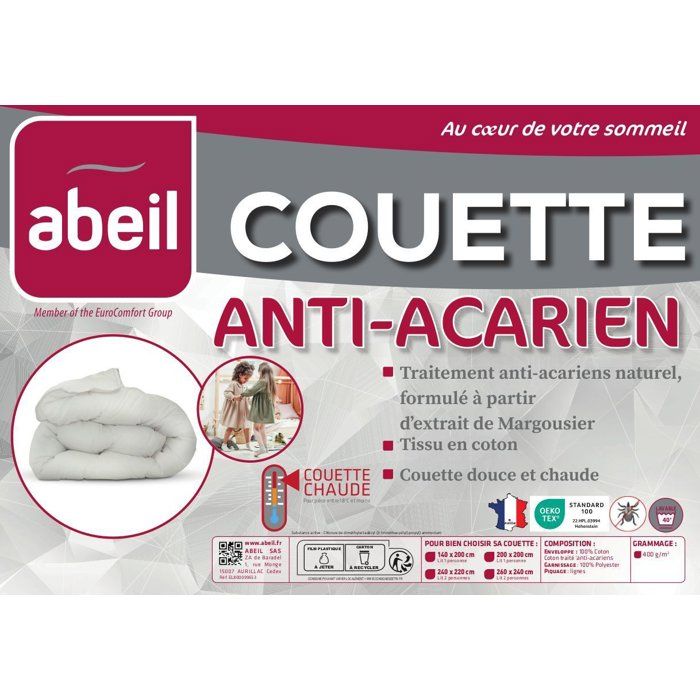 Couette anti-acariens - 220 x 240 cm - Chaude - 400 g/m˛ 2 personnes - Blanc - ABEIL