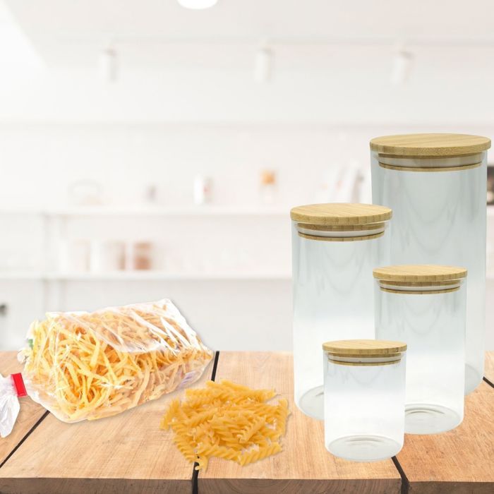 Set de 4 boîtes de conservation en verre - FACKELMANN - Nature - Couvercle en bambou