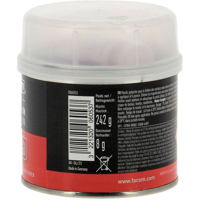 Mastic polyester finition carrosserie avant peinture 250g - FACOM - Facile a appliquer et a poncer - métal, bois, stratifiés, PVC
