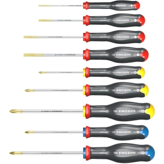 Coffret de 9 Tournevis Protwist - FACOM - AT.9PB - Fente/Phillips/Prozidriv - Standard - Gris