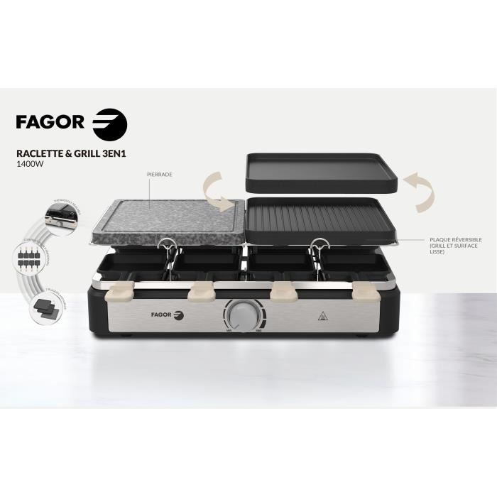 Raclette / Grill - FAGOR - FGRG8 - 8 personnes - Pierre de Cuisson - 1400W - Thermostat rÈglable