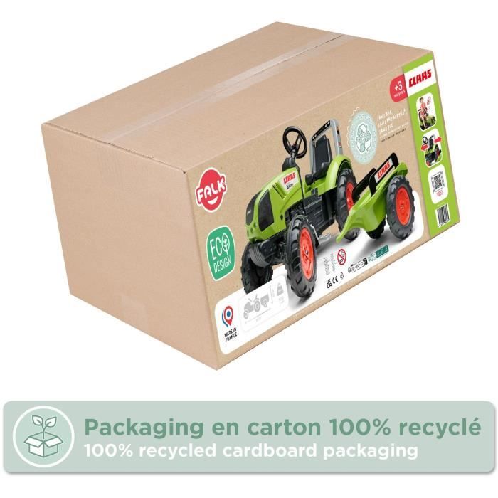 Tracteur a pédales Claas - FALK - Volant directionnel et Remorque - 100% Fabriqué en France - 60% de plastique recyclé - Des 3 ans.