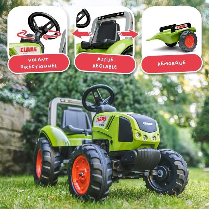 Tracteur a pédales Claas - FALK - Volant directionnel et Remorque - 100% Fabriqué en France - 60% de plastique recyclé - Des 3 ans.