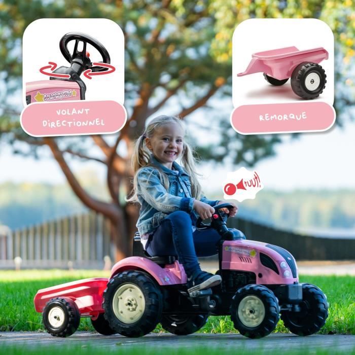 Tracteur a pédales Country Star - FALK - Avec remorque - Rose - 100% Fabriqué en France - 50% de plastique recyclé - Des 2 ans