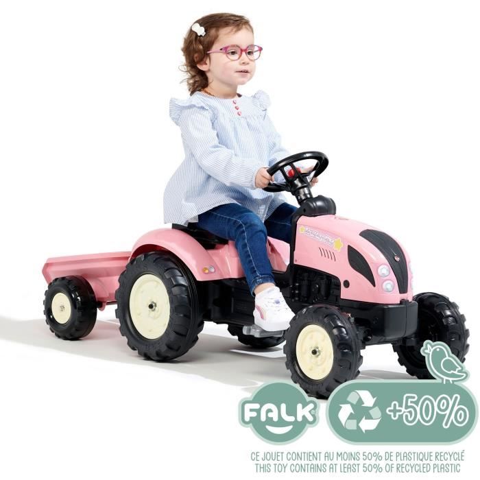 Tracteur a pédales Country Star - FALK - Avec remorque - Rose - 100% Fabriqué en France - 50% de plastique recyclé - Des 2 ans