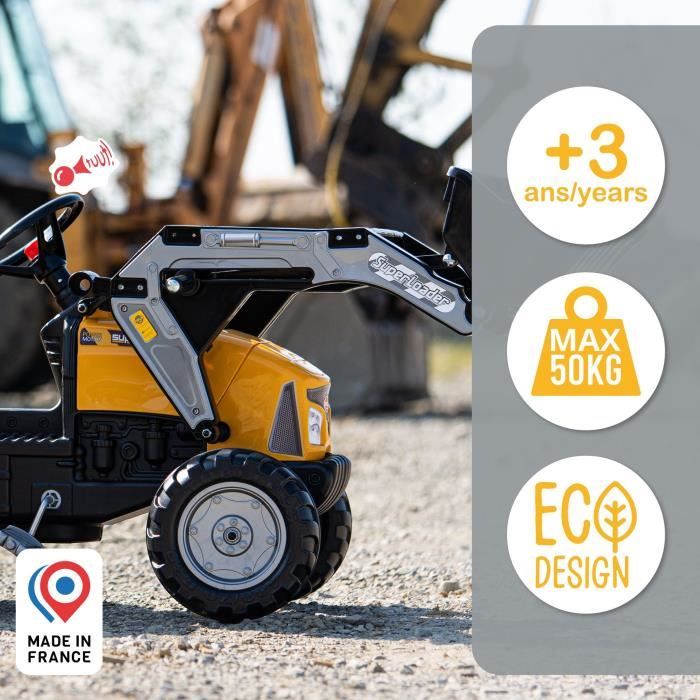 Tractopelle a pédales SuperBuilder - FALK - Capot ouvrant et remorque - Fabriqué en France - 60% de plastique recyclé - Des 3 ans