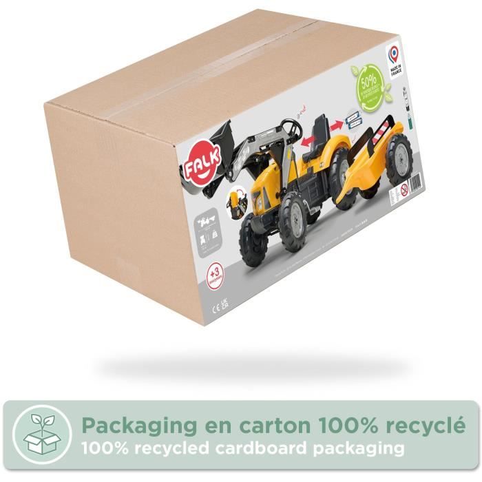 Tractopelle a pédales SuperBuilder - FALK - Capot ouvrant et remorque - Fabriqué en France - 60% de plastique recyclé - Des 3 ans