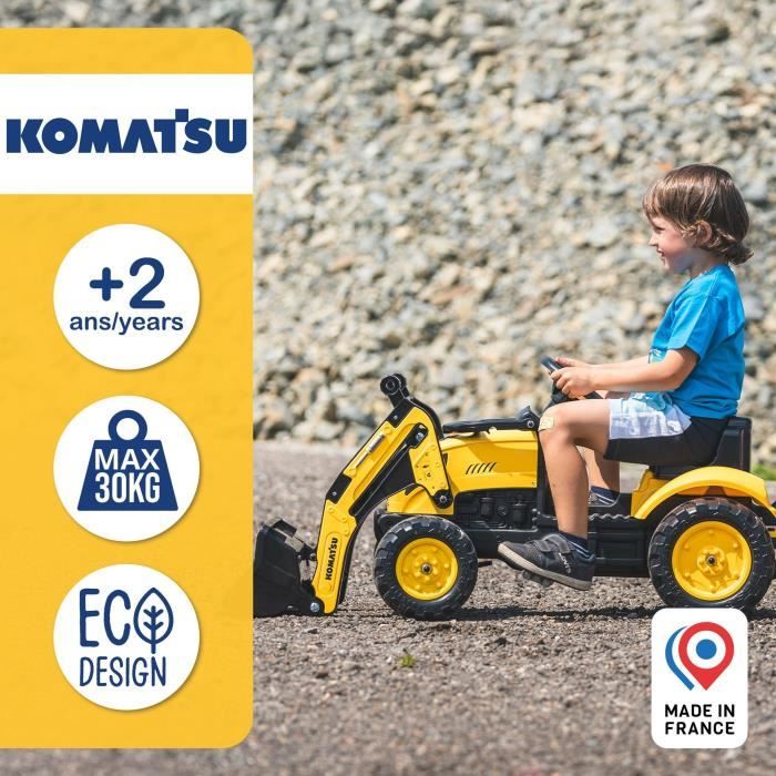 Tractopelle a pédales Komatsu - FALK - Pelle frontale et Remorque - 100% Fabriqué en France - 40% de plastique recyclé - Des 2 ans