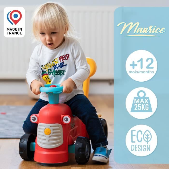 Porteur tracteur Maurice - FALK - Volant directionnel, Assise ouvrante - Fabriqué en France - 90% de plastique recyclé - Des 12 mois