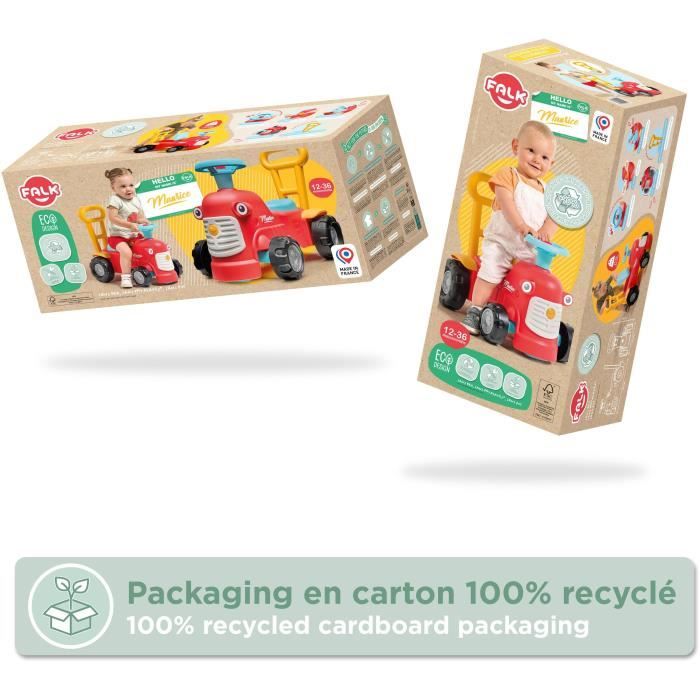 Porteur tracteur Maurice - FALK - Volant directionnel, Assise ouvrante - Fabriqué en France - 90% de plastique recyclé - Des 12 mois