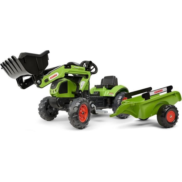 Tractopelle Claas - FALK -Volant directionnel et remorque - Vert - 100% Fabriqué en France - 70% de plastique recyclé - Des 2 ans
