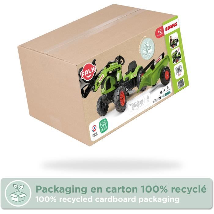 Tractopelle Claas - FALK -Volant directionnel et remorque - Vert - 100% Fabriqué en France - 70% de plastique recyclé - Des 2 ans