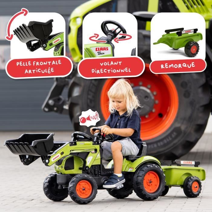 Tractopelle Claas - FALK -Volant directionnel et remorque - Vert - 100% Fabriqué en France - 70% de plastique recyclé - Des 2 ans