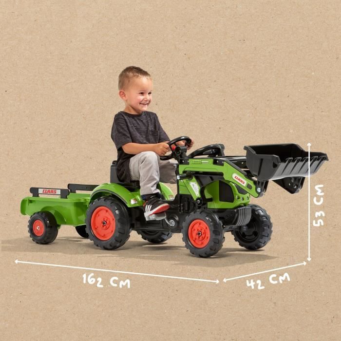 Tractopelle Claas - FALK -Volant directionnel et remorque - Vert - 100% Fabriqué en France - 70% de plastique recyclé - Des 2 ans