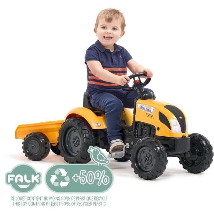 Tracteur a pédales Mighty Builder - FALK - Avec remorque - 100% Fabriqué en France - Au moins 50% de plastique recyclé - Des 2 ans