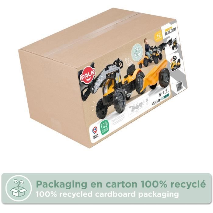 Tracteur a pédales Mighty Builder - FALK - Avec remorque - Jaune - 100% Fabriqué en France - 50% de plastique recyclé - Des 2 ans