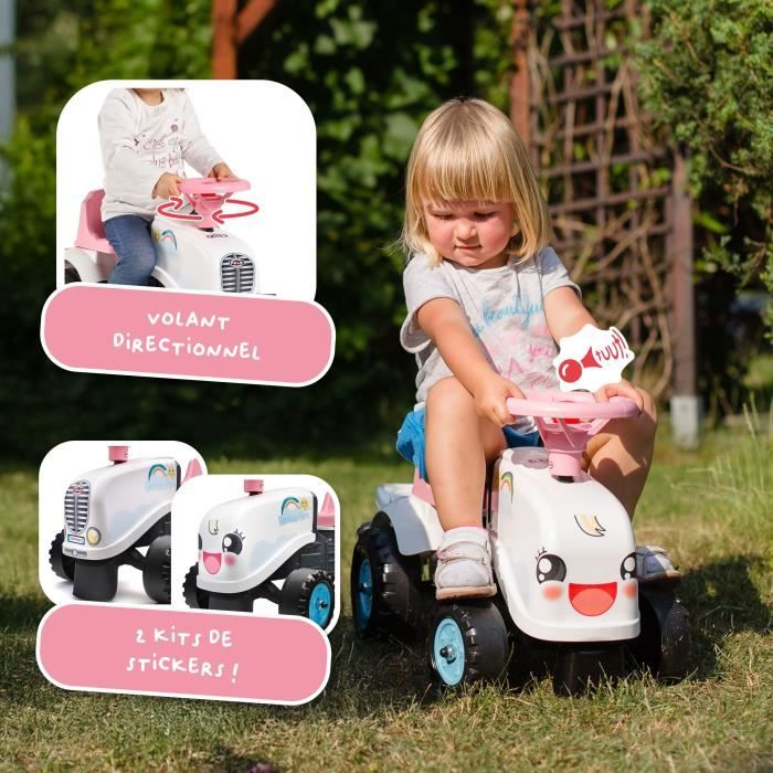 Porteur Tracteur Rainbow Farm - FALK - Volant directionnel avec klaxon - Blanc et Rose - 100% Fabriqué en France - Des 12 mois