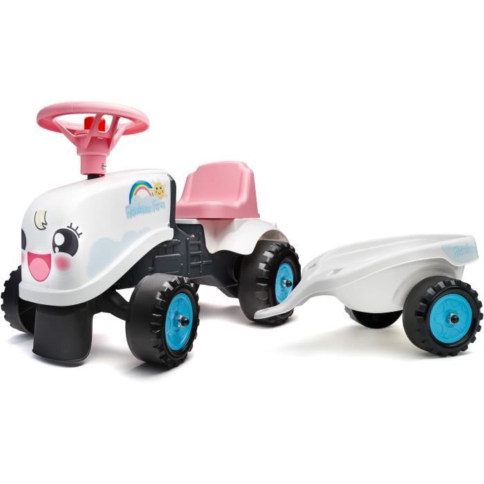 Porteur Tracteur Rainbow Farm - FALK - Volant directionnel avec klaxon - Blanc et Rose - 100% Fabriqué en France - Des 12 mois