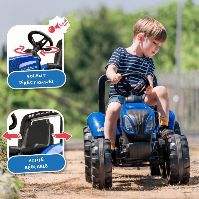 Tracteur a pédales New Holland - FALK - Volant directionnel et Remorque - Fabriqué en France - 60% de plastique recyclé - Des 3 ans