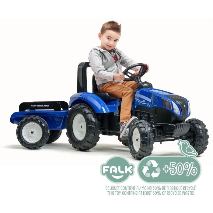 Tracteur a pédales New Holland - FALK - Volant directionnel et Remorque - Fabriqué en France - 60% de plastique recyclé - Des 3 ans