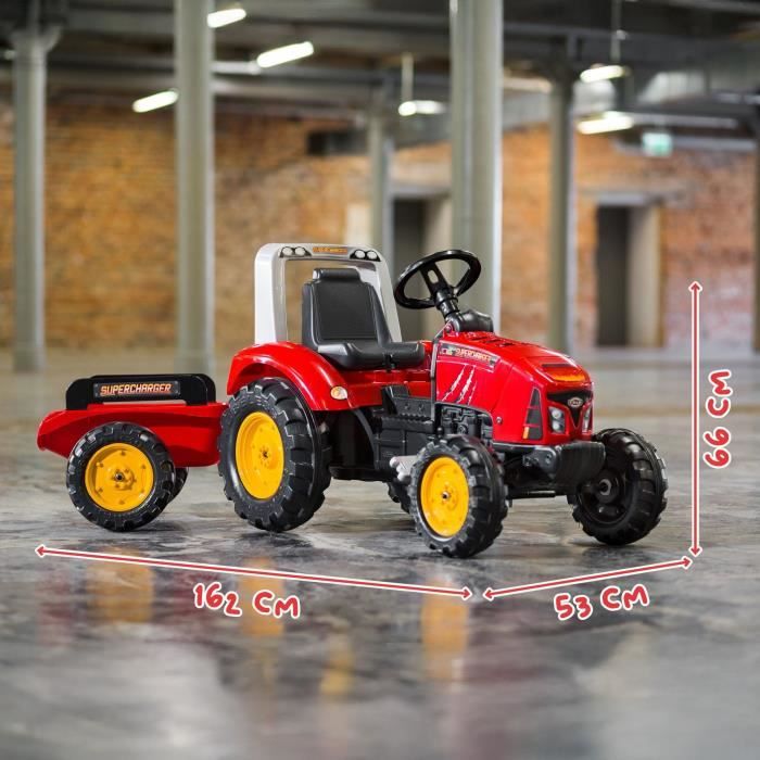 Tracteur a pédales Supercharger - FALK - Volant directionnel et remorque - Fabriqué en France - 60% de plastique recyclé - Des 3 ans